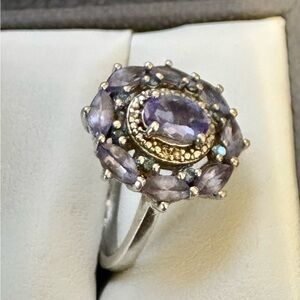 Tanzanite w/blue Diamonds and White Diamond accent Rhodium over Sterling. Size 7